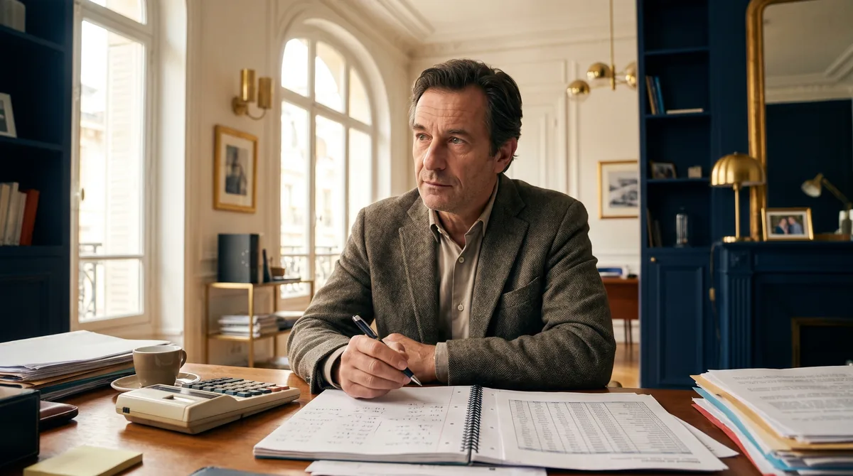 Dirigeant d'entreprise calculant son budget publicitaire à son bureau, calculatrice et carnet de chiffres