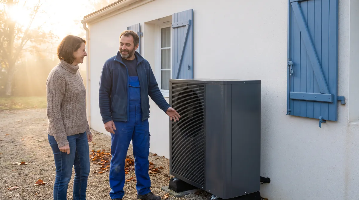 Installateur et propriétaire devant une pompe à chaleur posée contre une maison individuelle, un matin d'automne