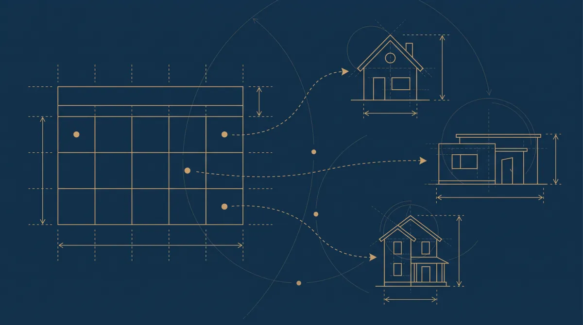Plan d’architecte doré : une grille de calendrier dont certaines cases sont reliées par des flèches courbes à de petites maisons stylisées