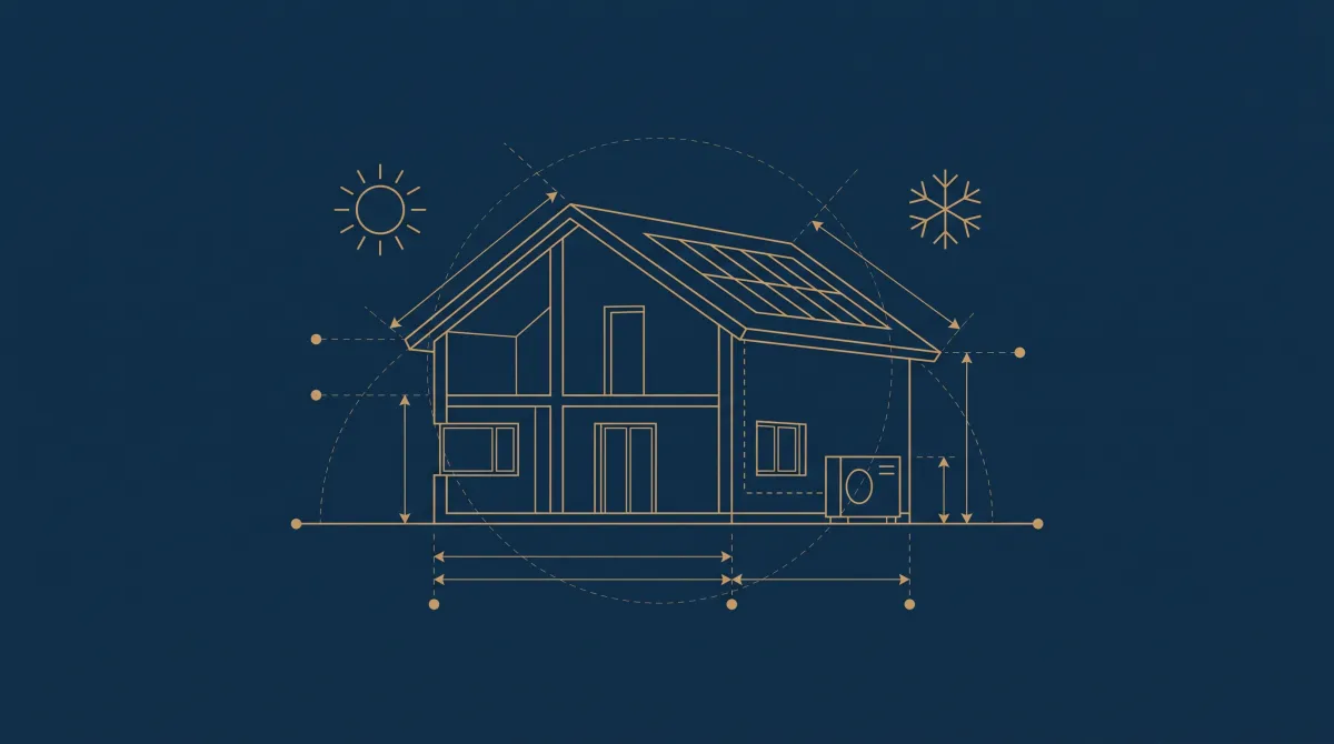 Plan d’architecte doré : une maison individuelle en coupe avec des panneaux sur le toit, un soleil d’un côté et un flocon de neige de l’autre