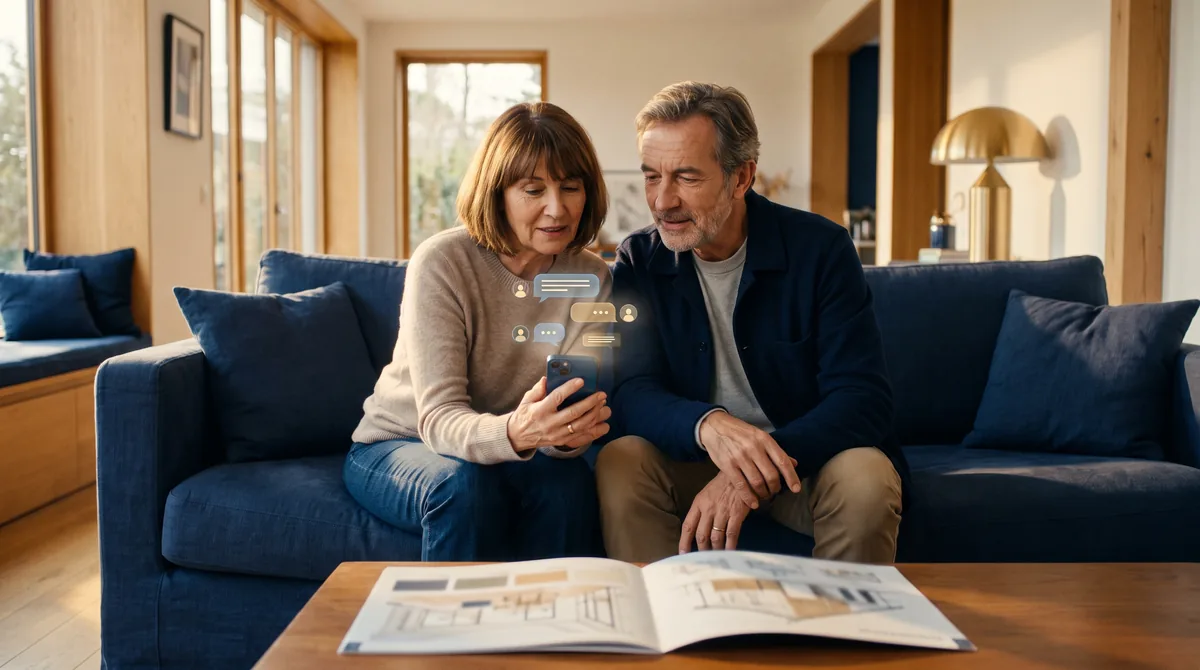 Couple de propriétaires consultant un assistant IA sur smartphone pour un projet de rénovation