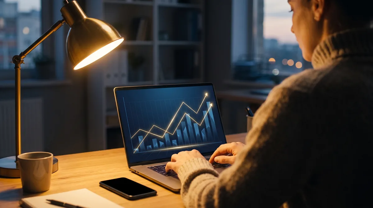 Dirigeante analysant un tableau de bord de performance publicitaire sur son ordinateur