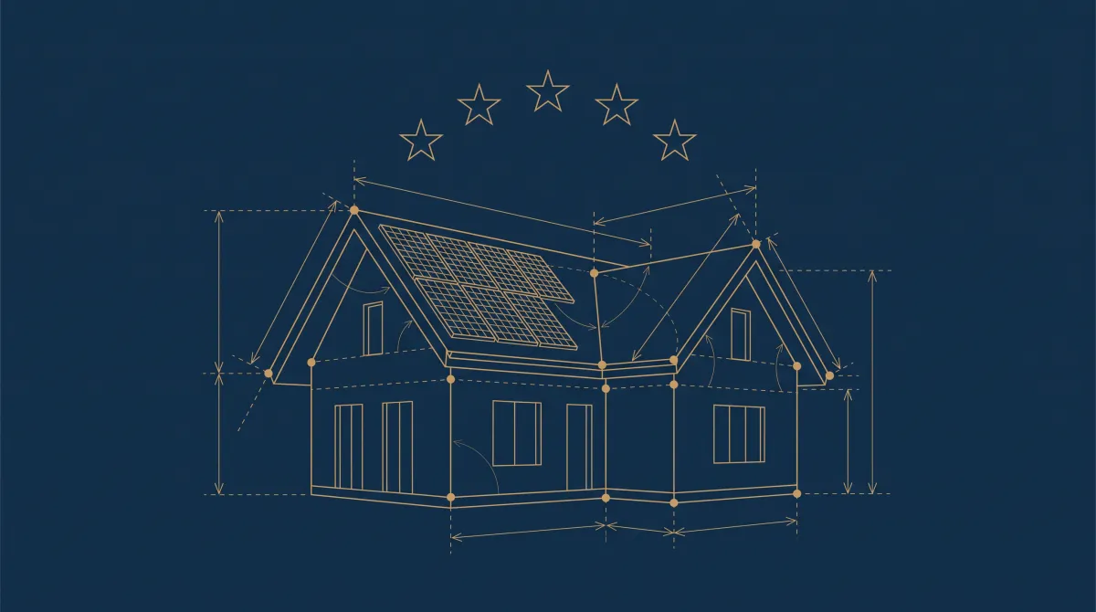 Plan d’architecte doré : une maison individuelle avec panneaux solaires sur le toit, surmontée d’une rangée de cinq étoiles en traits fins