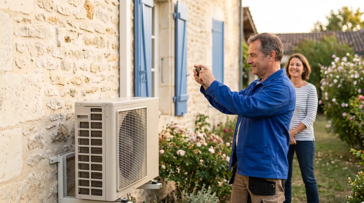Technicien installateur photographiant avec son smartphone une pompe à chaleur qu'il vient de poser devant une maison individuelle