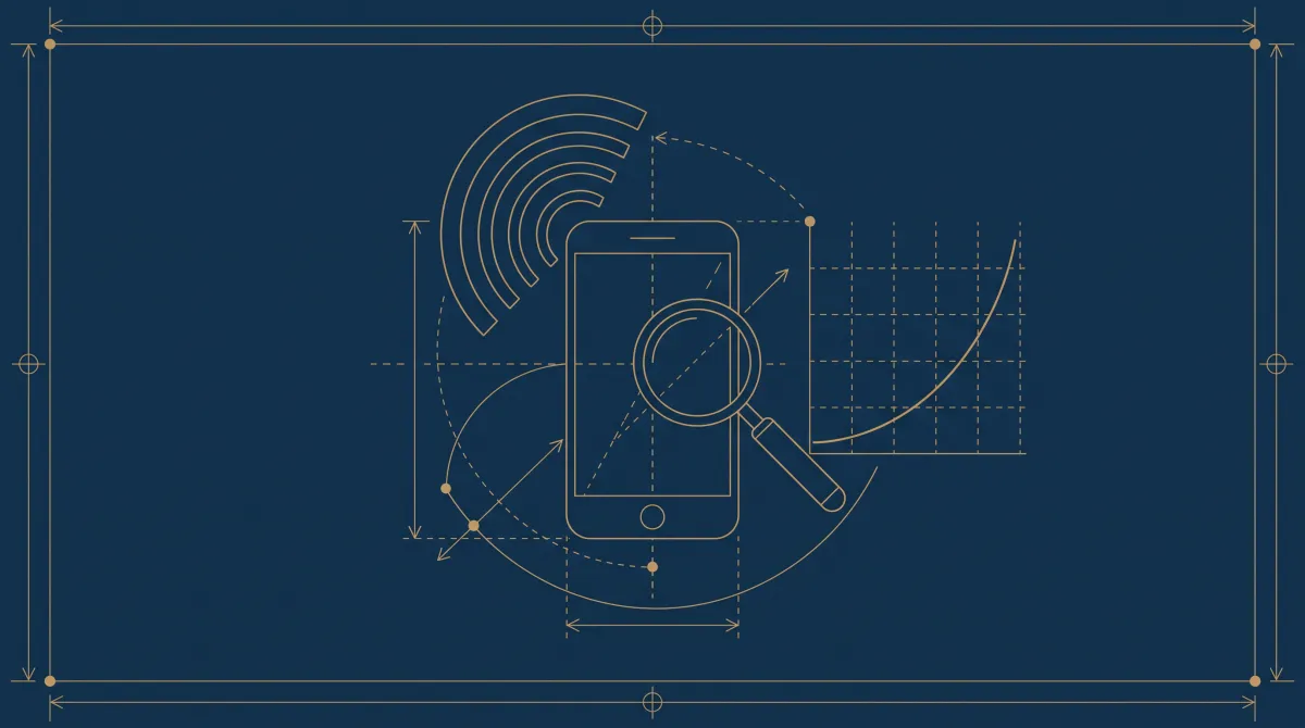 Plan d’architecte doré : une loupe posée sur un smartphone d’où partent des ondes d’appel, à côté d’une courbe montante en traits fins