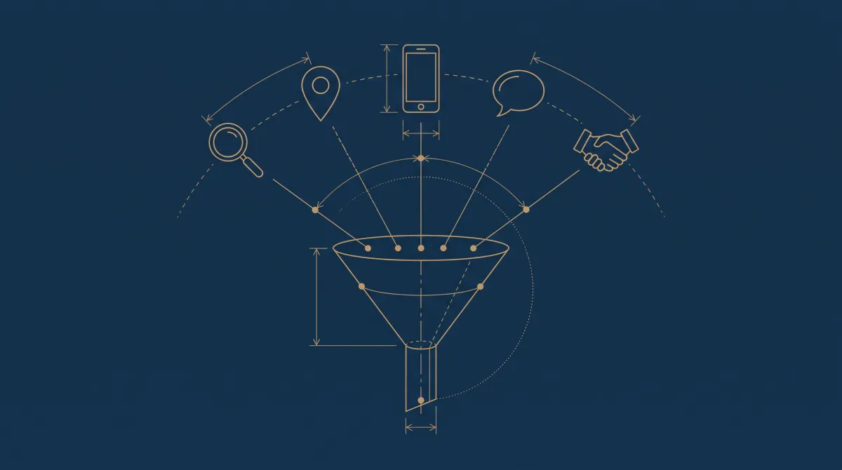 Plan d’architecte doré : cinq canaux représentés par des formes simples (loupe, repère de carte, écran de smartphone, bulle de dialogue, poignée de main) reliés par des lignes fines à un entonnoir central