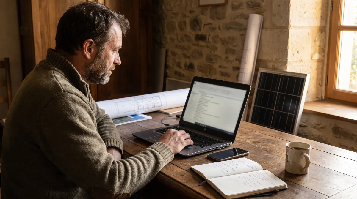 Dirigeant d'une entreprise d'énergies renouvelables à son bureau, consultant les demandes de devis reçues sur son ordinateur, téléphone posé à côté
