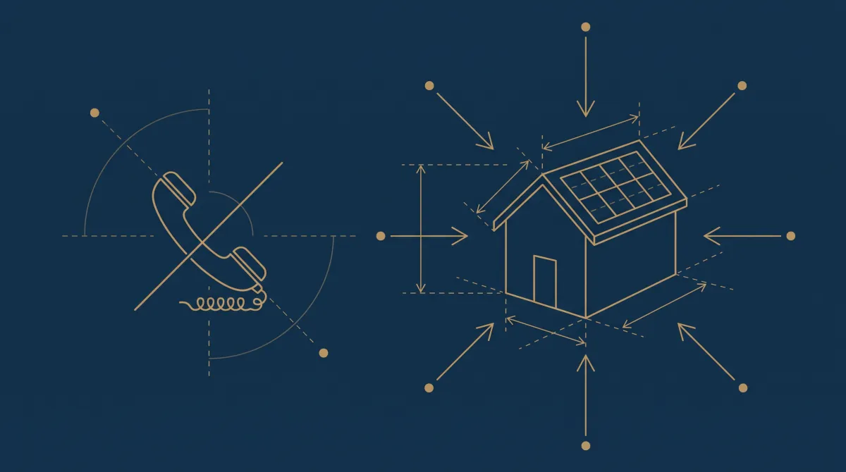 Plan d’architecte doré : un combiné téléphonique barré à gauche, et des flèches qui convergent vers une maison équipée de panneaux solaires depuis plusieurs sources