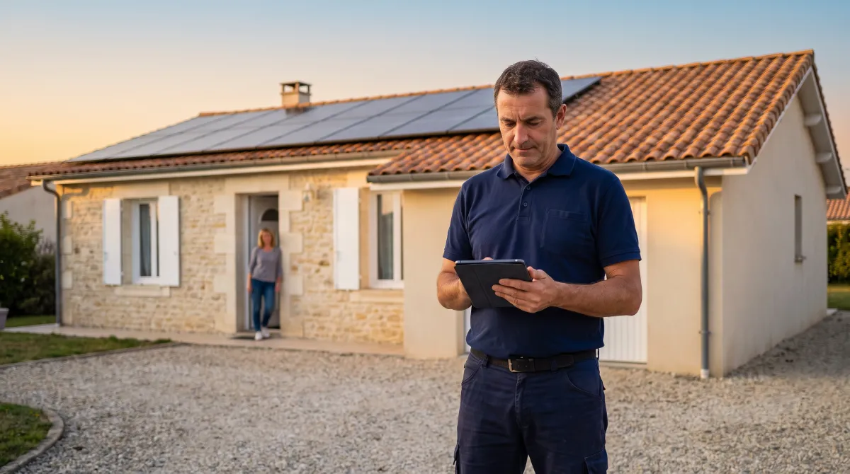 Commercial d'une entreprise photovoltaïque consultant une demande de devis sur sa tablette devant une maison équipée de panneaux solaires