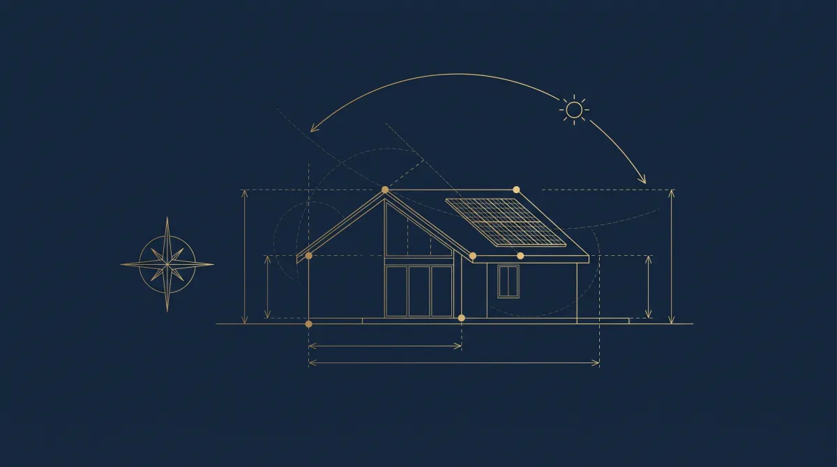 Plan d’architecte doré : maison individuelle vue de profil avec des panneaux solaires sur le toit, une boussole et un soleil traçant son arc au-dessus