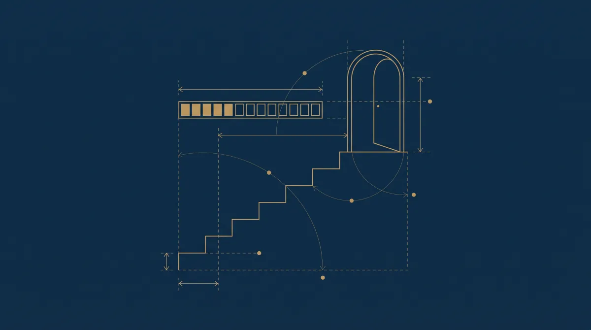 Plan d’architecte doré : escalier de six marches montant vers une porte ouverte, une barre de progression dessinée au-dessus
