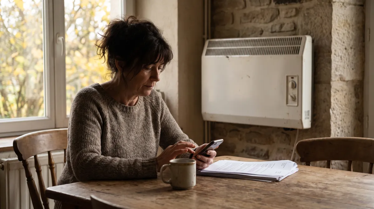 Propriétaire assise à la table de sa cuisine, posant une question à un assistant IA sur son smartphone, une facture de chauffage posée à côté