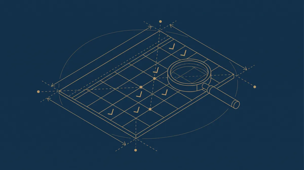 Plan d’architecte doré : une grille de calendrier dont certaines cases sont cochées, avec une loupe posée sur un coin