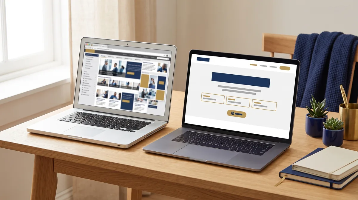 Deux ordinateurs côte à côte : un site vitrine chargé et une landing page épurée avec formulaire