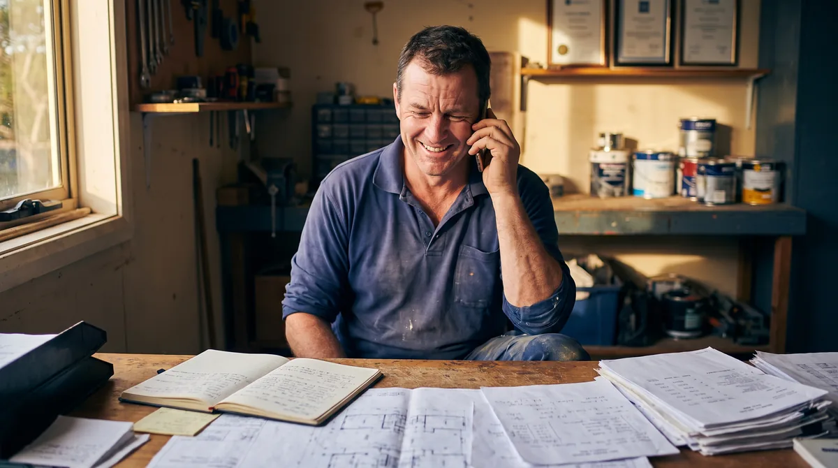 Dirigeant d'une entreprise de rénovation au téléphone avec un prospect, dans son bureau