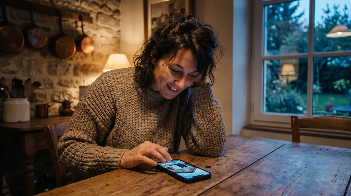 Femme regardant une publicité vidéo de rénovation de maison sur son smartphone, le soir dans sa cuisine