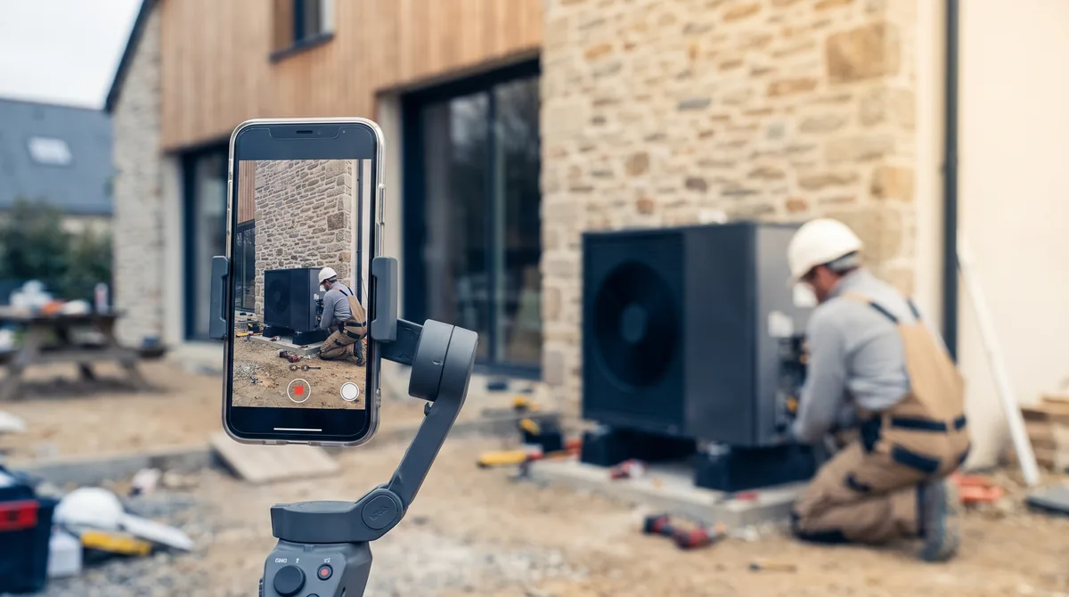 Smartphone sur stabilisateur filmant un technicien qui installe une pompe à chaleur devant une maison