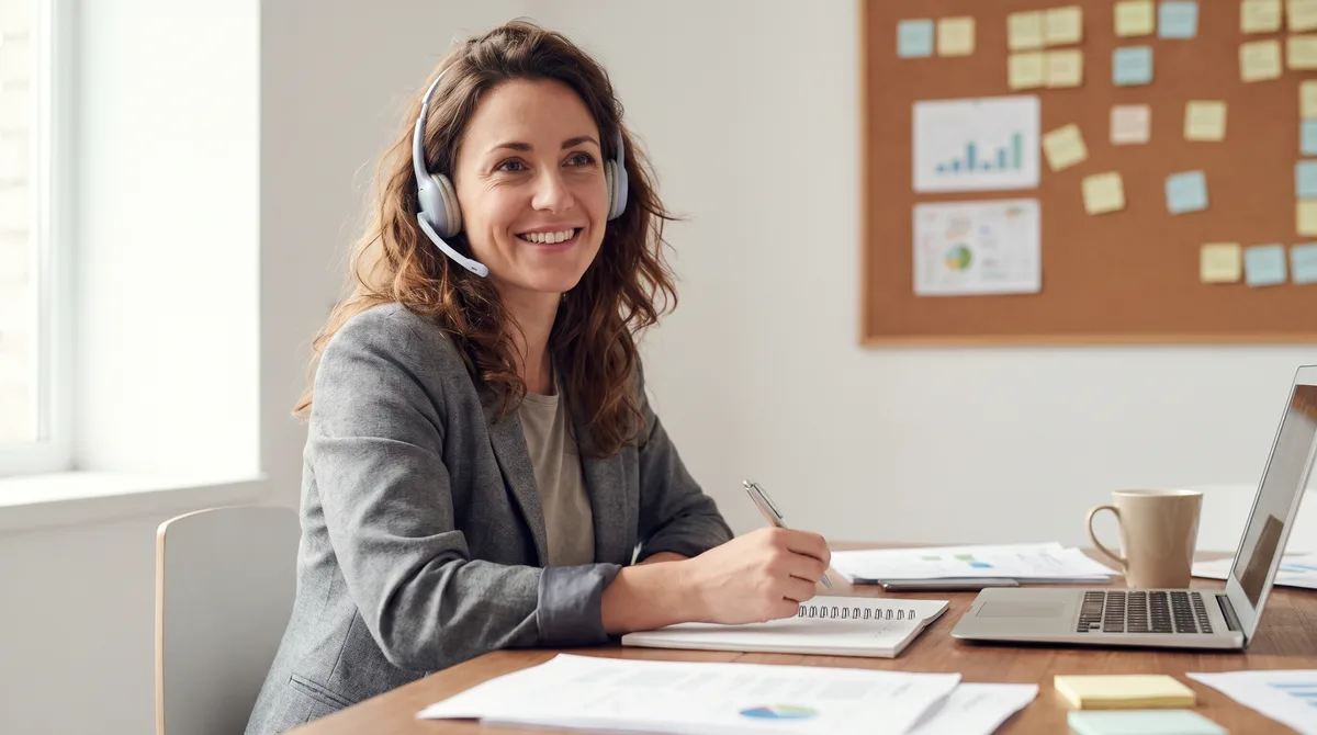 Commerciale d'une entreprise d'installation au téléphone avec un casque, devant un planning mural et un ordinateur, dans un bureau de PME