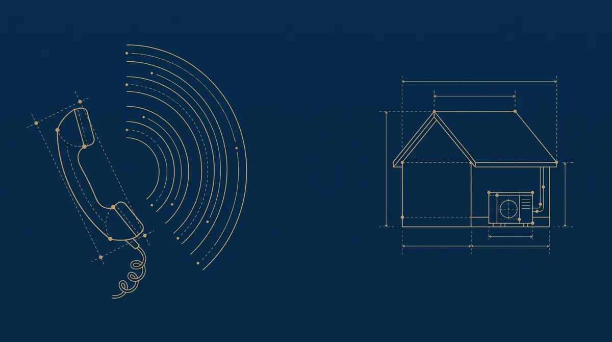 Plan d’architecte doré : un combiné téléphonique dont partent des ondes sonores vers une maison équipée d’une pompe à chaleur
