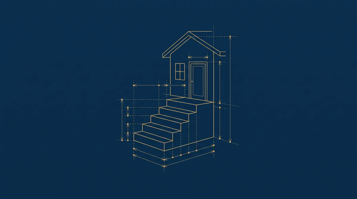 Plan d’architecte doré : un escalier de cinq marches qui mène à la porte d’une maison individuelle