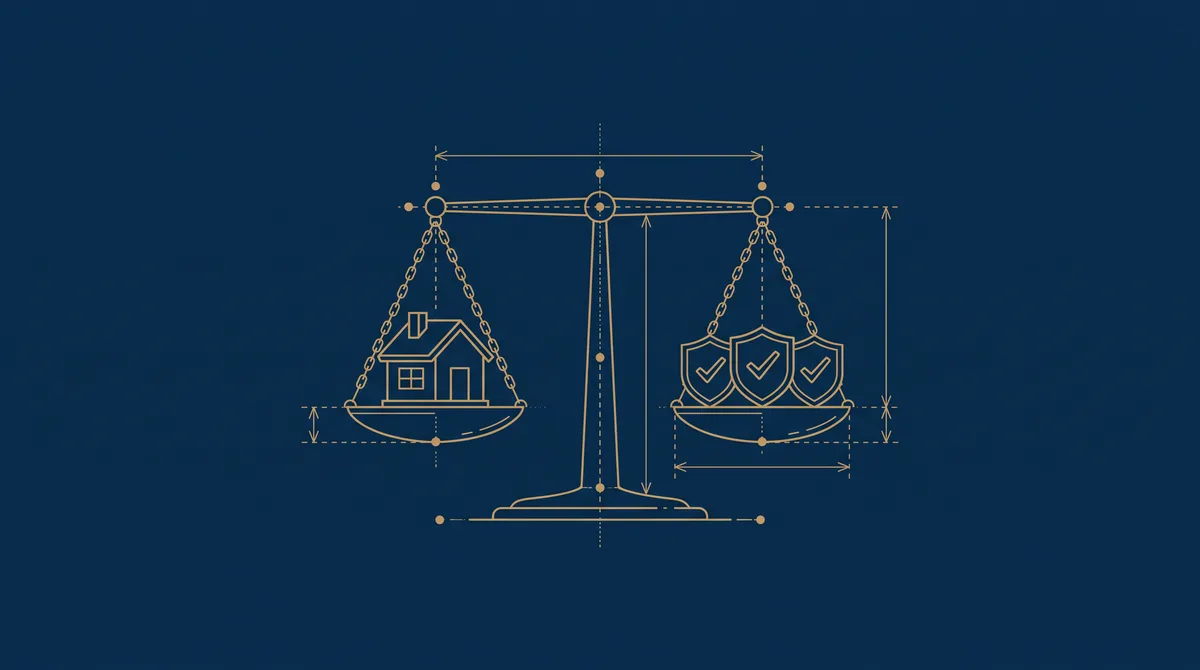 Plan d’architecte doré : une balance dont un plateau porte une maison et l’autre plusieurs pastilles de preuve, en équilibre
