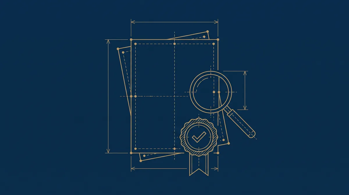 Plan d’architecte doré : des documents superposés, un sceau et une loupe, symboles des attestations à vérifier