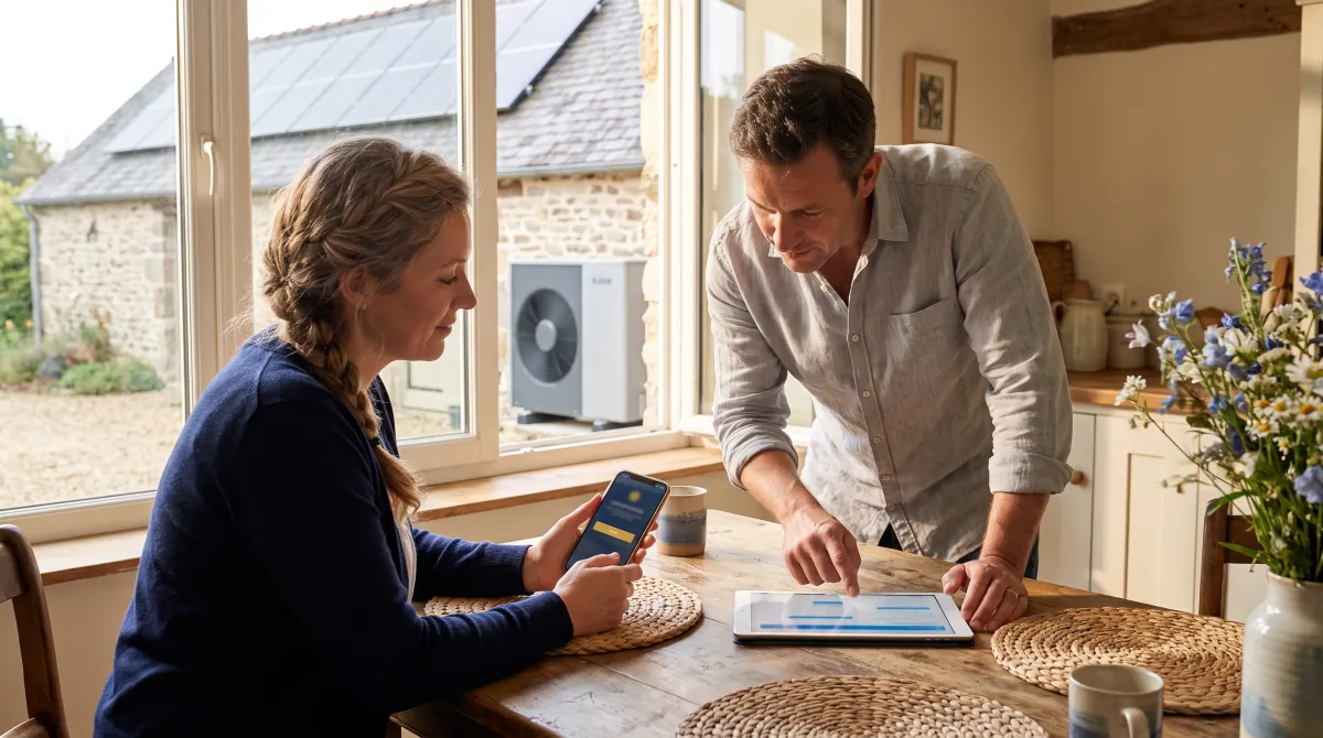 Couple de propriétaires dans leur cuisine comparant une landing page sur smartphone et une recherche Google sur tablette