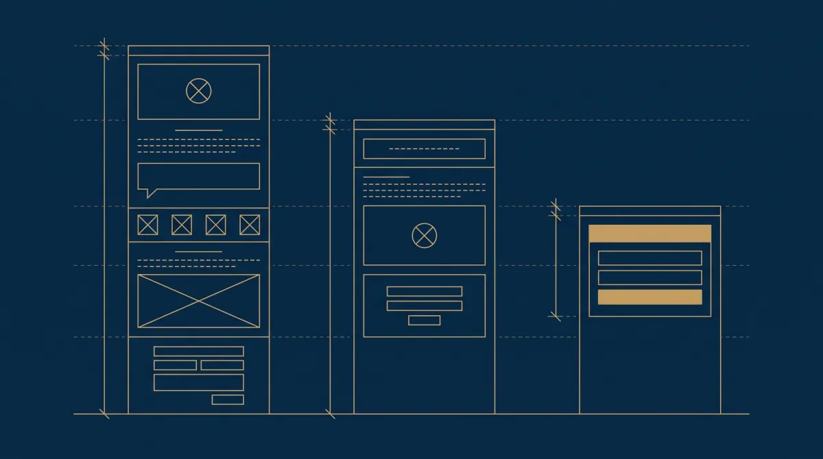 Plan doré de trois landing pages de longueurs différentes : une page longue, une page moyenne et une page courte avec le formulaire en haut